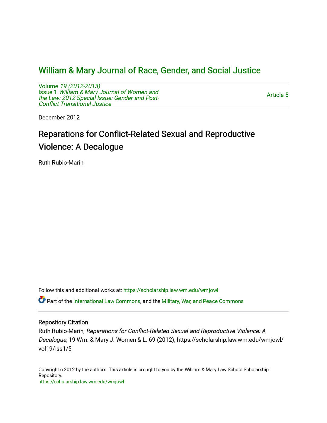 Reparations for Conflict-Related Sexual and Reproductive Violence: A Decalogue 