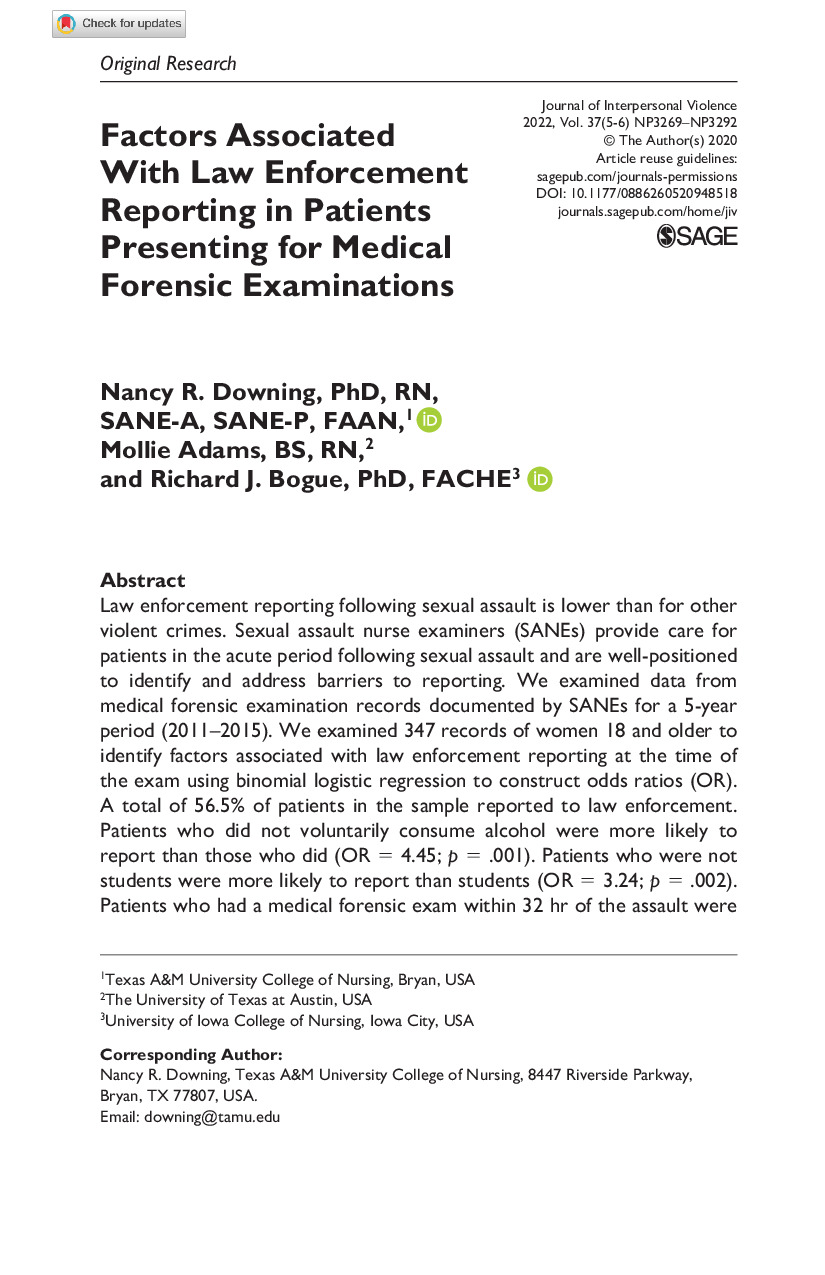 Factors Associated with Law Enforcement Reporting in Patients Presenting for Medical Forensic Examinations