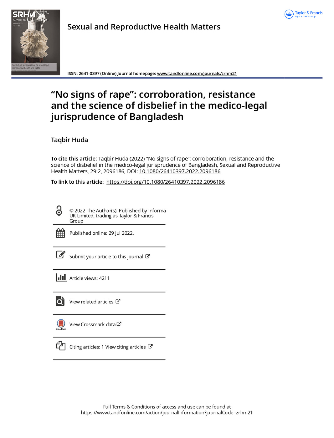 "No Signs of Rape": Corroboration, Resistance and the Science of Disbelief in the Medico-legal Jurisprudence of Bangladesh