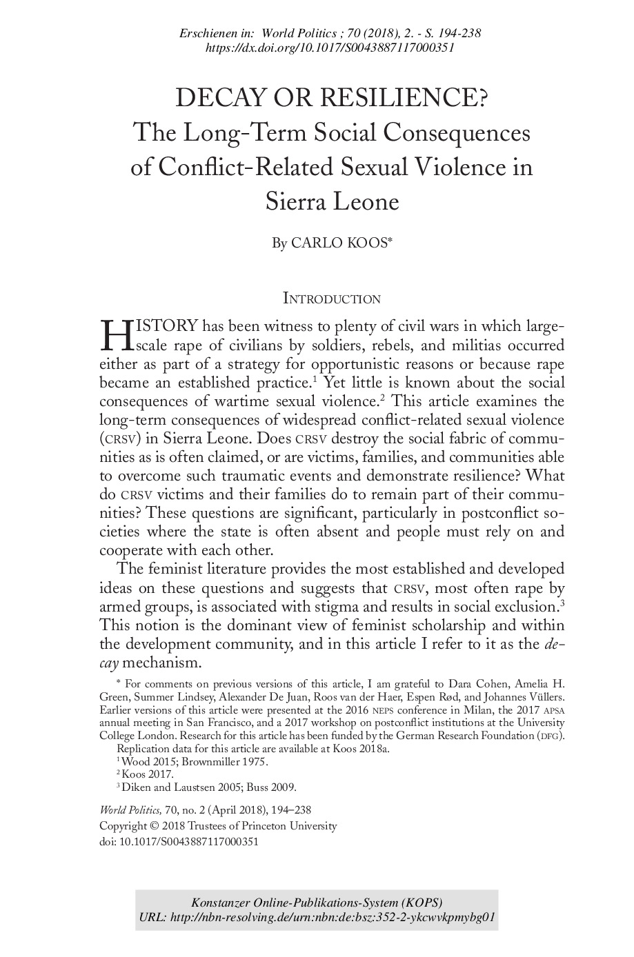 Decay or Resilience? The Long-Term Social Consequences of Conflict-Related Sexual Violence in Sierra Leone
