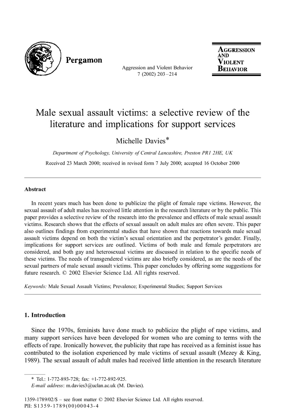 Male Sexual Assault Victims: A Selective Review of Literature and Implications for Support Services