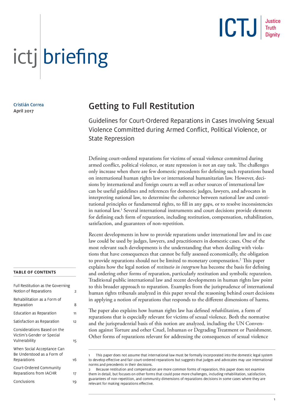 Getting to Full Restitution: Guidelines for Court-Ordered Reparations in Cases Involving Sexual Violence 