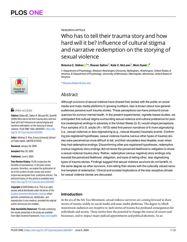 Who Has to Tell Their Trauma Story and How Hard Will It Be? Influence of Cultural Stigma and Narrative Redemption on the Storying of Sexual Violence