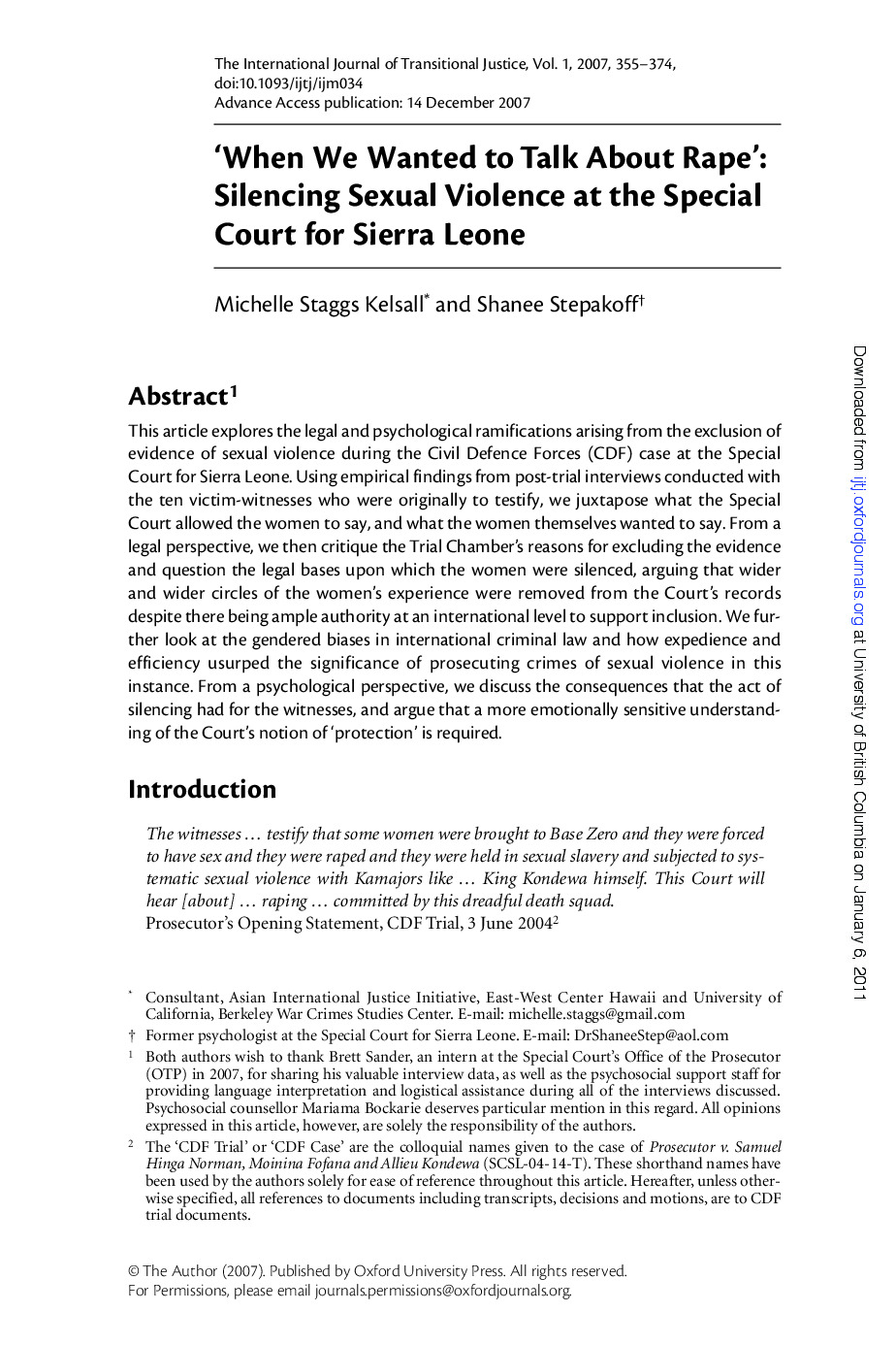 ‘When We Wanted to Talk About Rape’:<br /><br />
Silencing Sexual Violence at the Special<br /><br />
Court for Sierra Leone