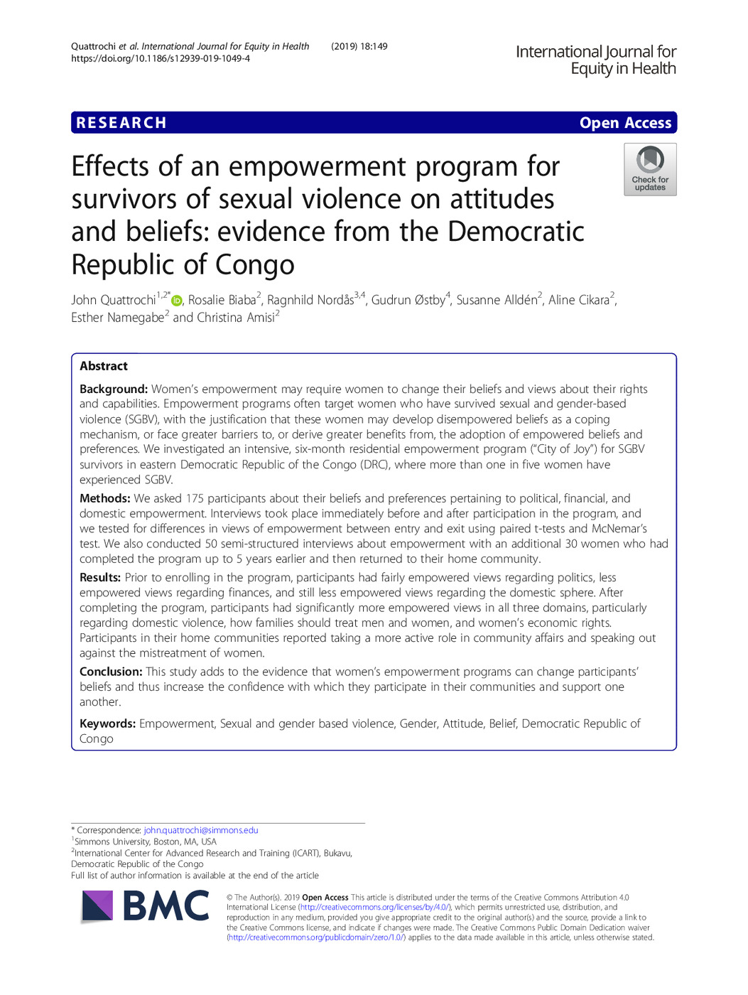 Effects of Empowerment Program for Survivors of Sexual Violence on Attitudes and Beliefs: Evidence from the Democratic Republic of Congo  
