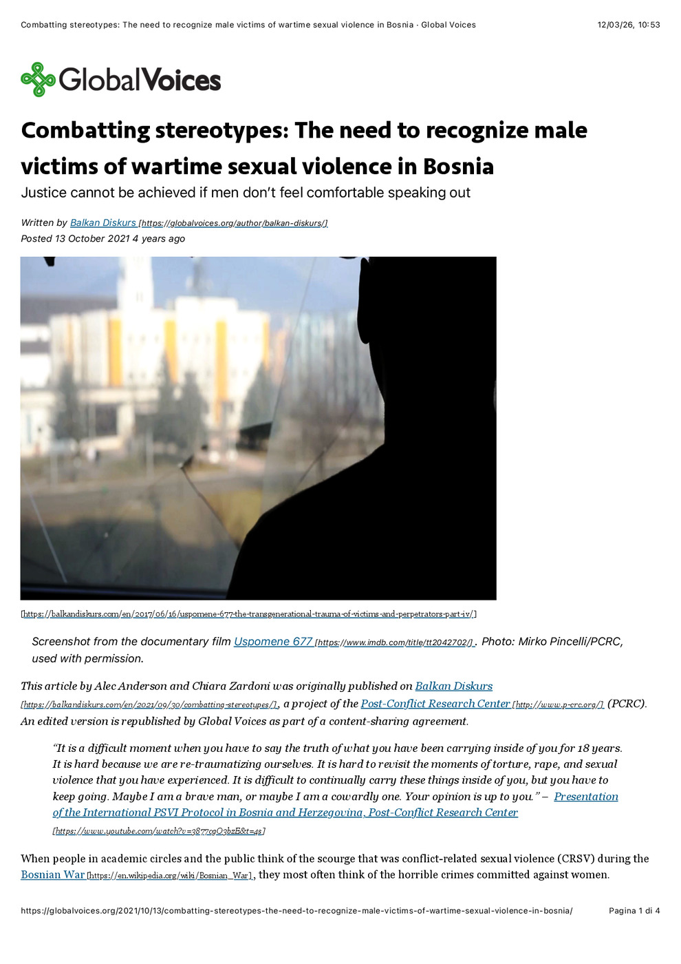 Combatting Stereotypes: The Need to Recognise Male Victims of Wartime Sexual Violence in Bosnia