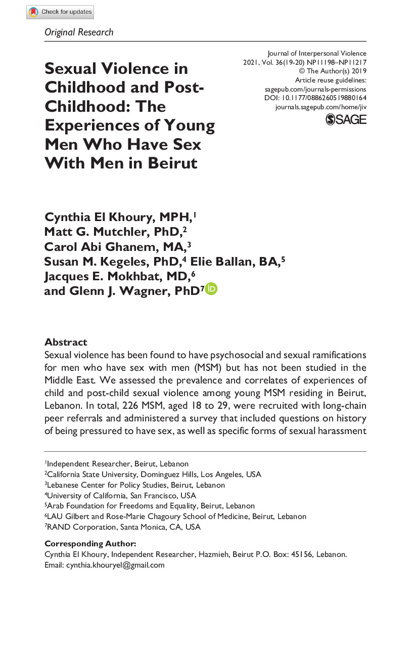 Sexual Violence in Childhood and Post-Childhood: Experiences of Young MSM in Beirut 