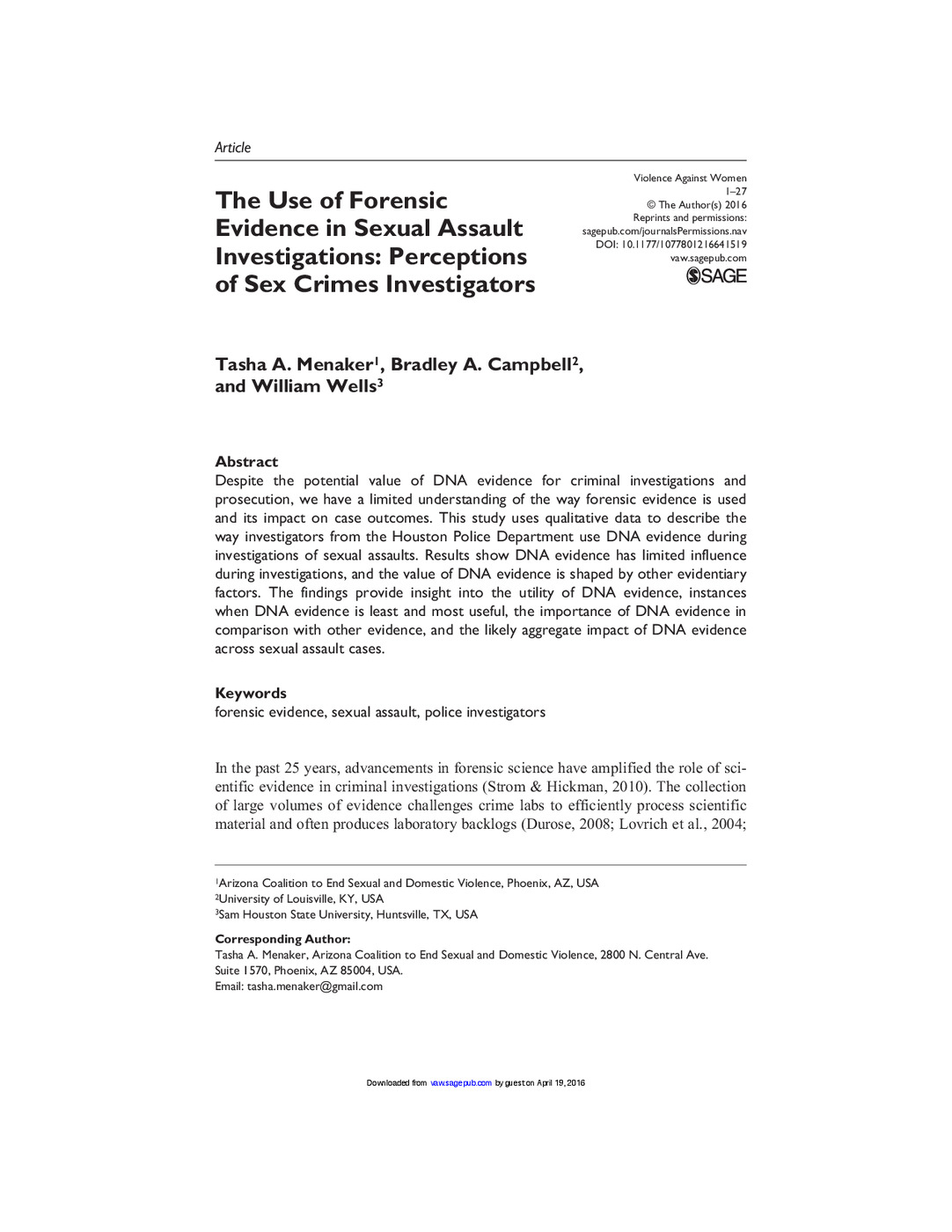 The Use of Forensic Evidence in Sexual Assault Investigations: Perceptions of Sex Crimes Investigators