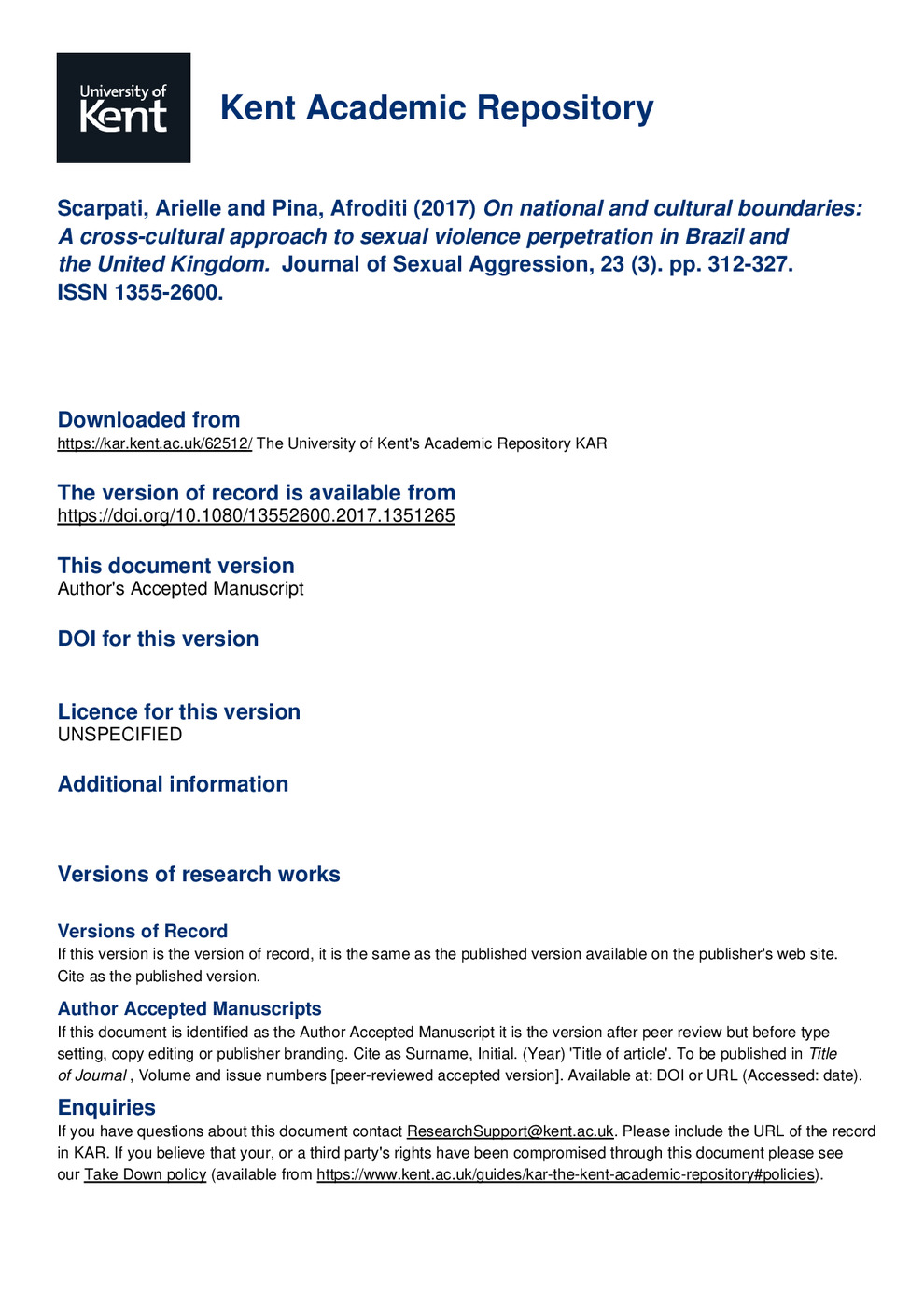 On National and Cultural Boundaries: A Cross-Cultural Approach to Sexual Violence Perpetration in Brazil and the United Kingdom