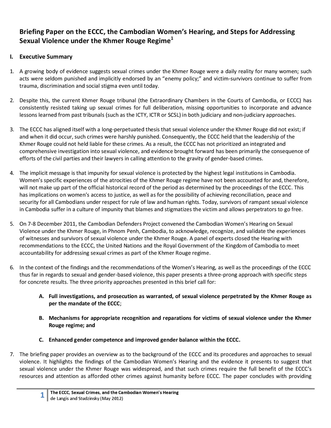 Briefing Paper on the ECCC, the Cambodian Women’s Hearing, and Steps for Addressing Sexual Violence under the Khmer Rouge Regime