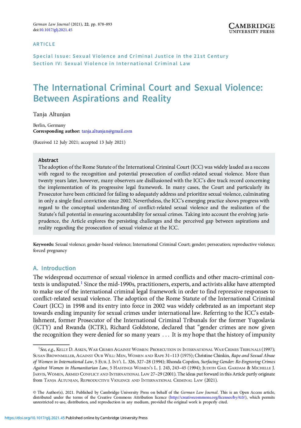 The International Criminal Court and Sexual Violence: Between Aspirations and Reality