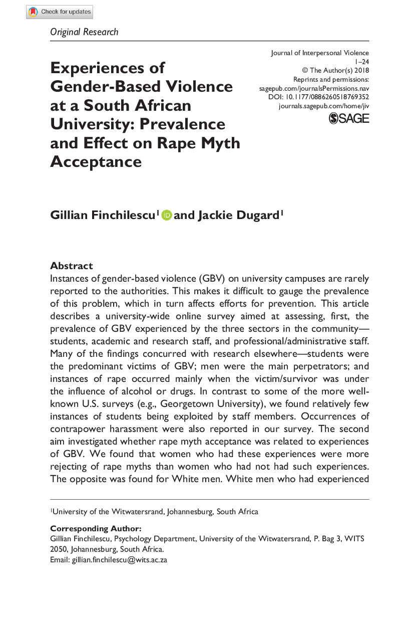 Experiences of Gender-Based Violence<br /><br />
at a South African University: Prevalence and Effect on Rape Myth Acceptance