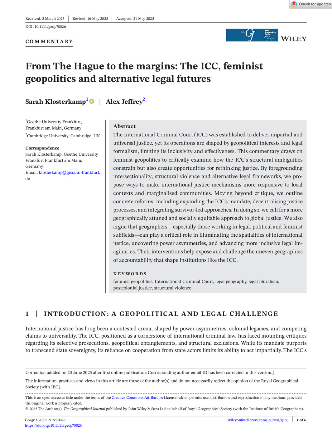 From The Hague to the margins: The ICC, feminist geopolitics and alternative legal futures