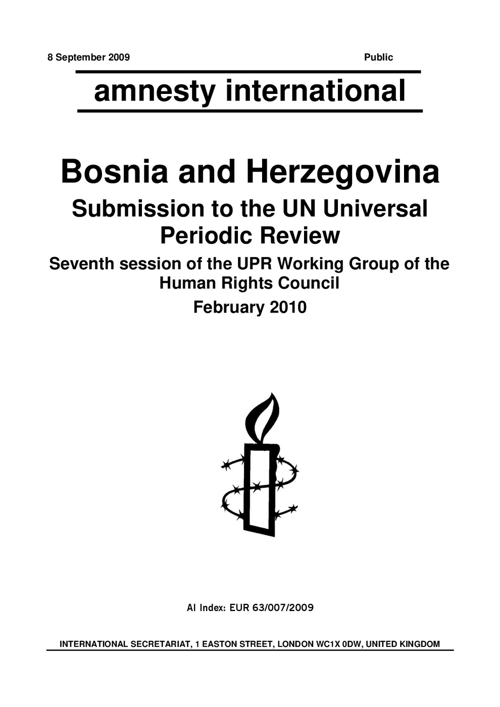 Bosnia and Herzegovina- Amnesty International submission to the UN Universal Periodic Review