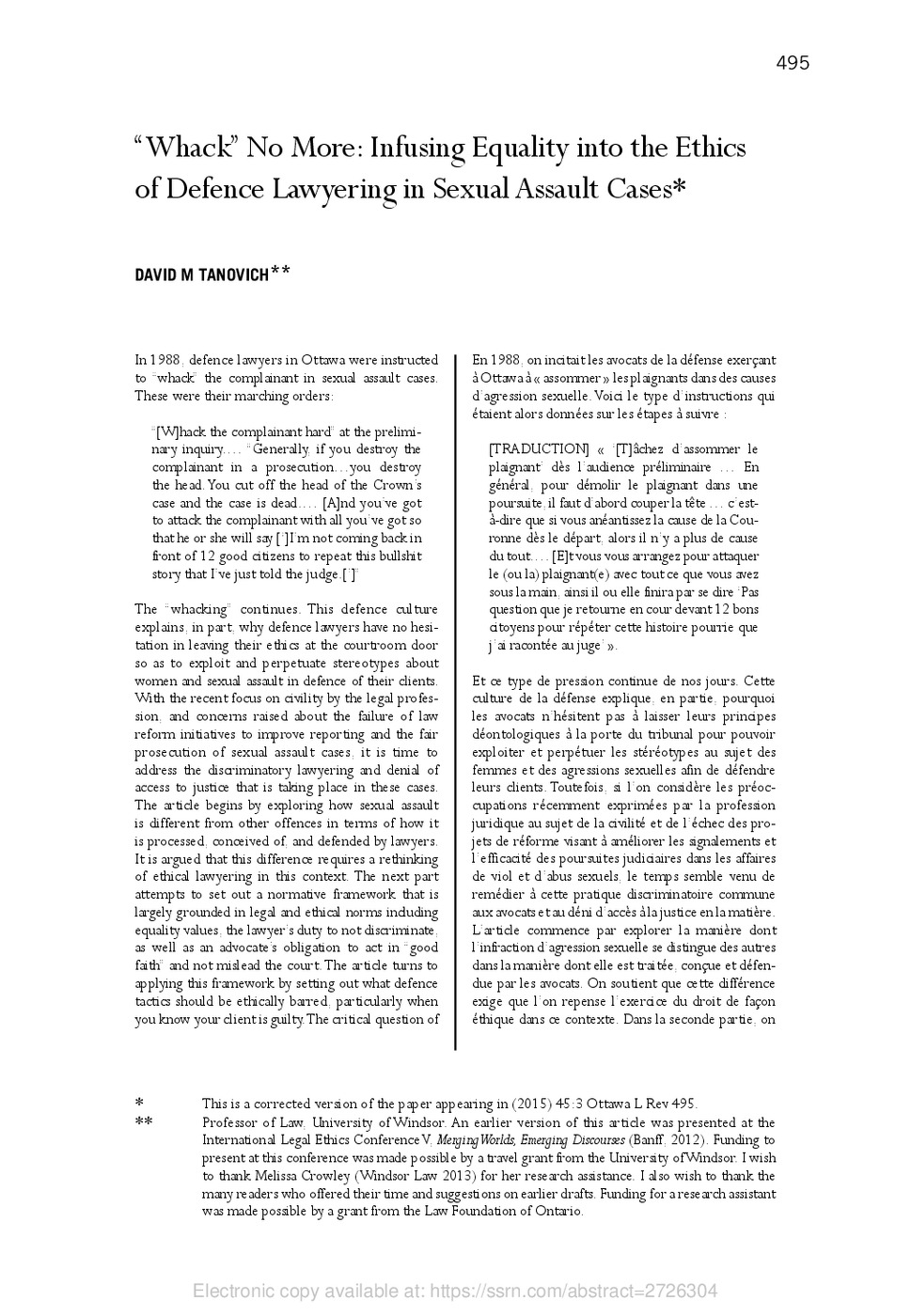 "Whack" No More: Infusing Equality into the Ethics of Defence Lawyering in Sexual Assault Cases 