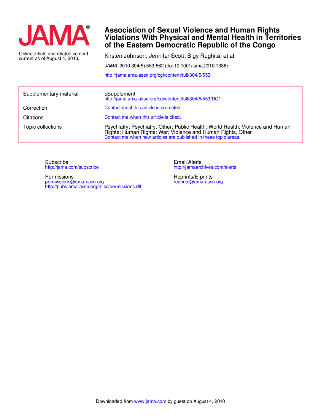 Association of Sexual Violence and Human Rights Violations With Physical and Mental Health in Territories of the Eastern Democratic Republic of the Congo