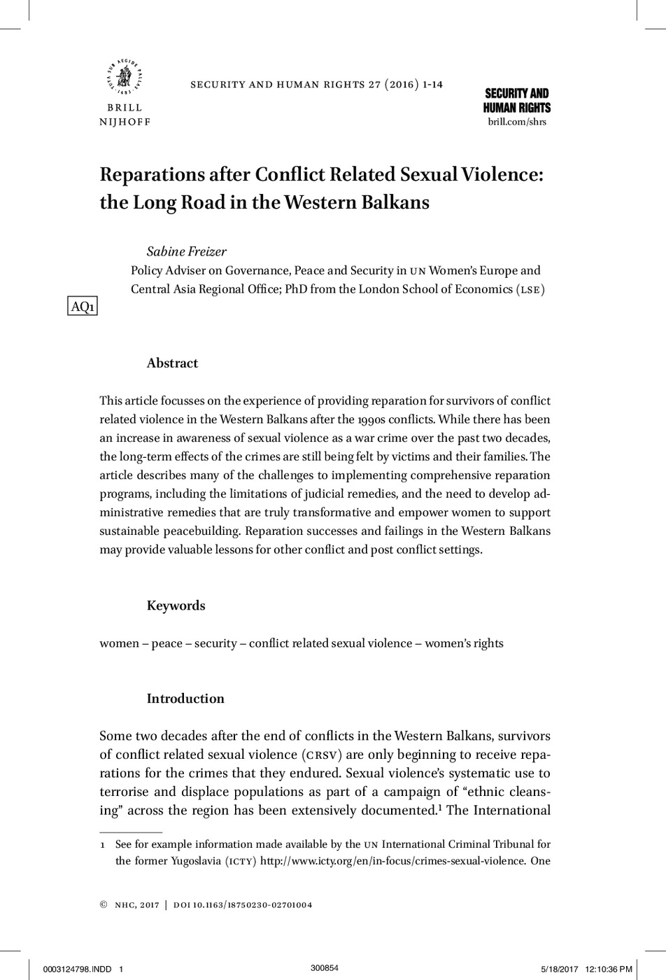Reparations after Conflict Related Sexual Violence: the Long Road in the Western Balkans