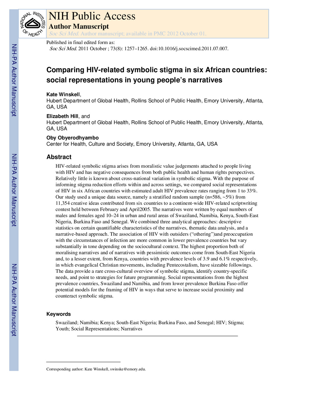 Comparing HIV-Related Symbolic Stigma in Six African Countries: Social Representations in Young People's Narratives 