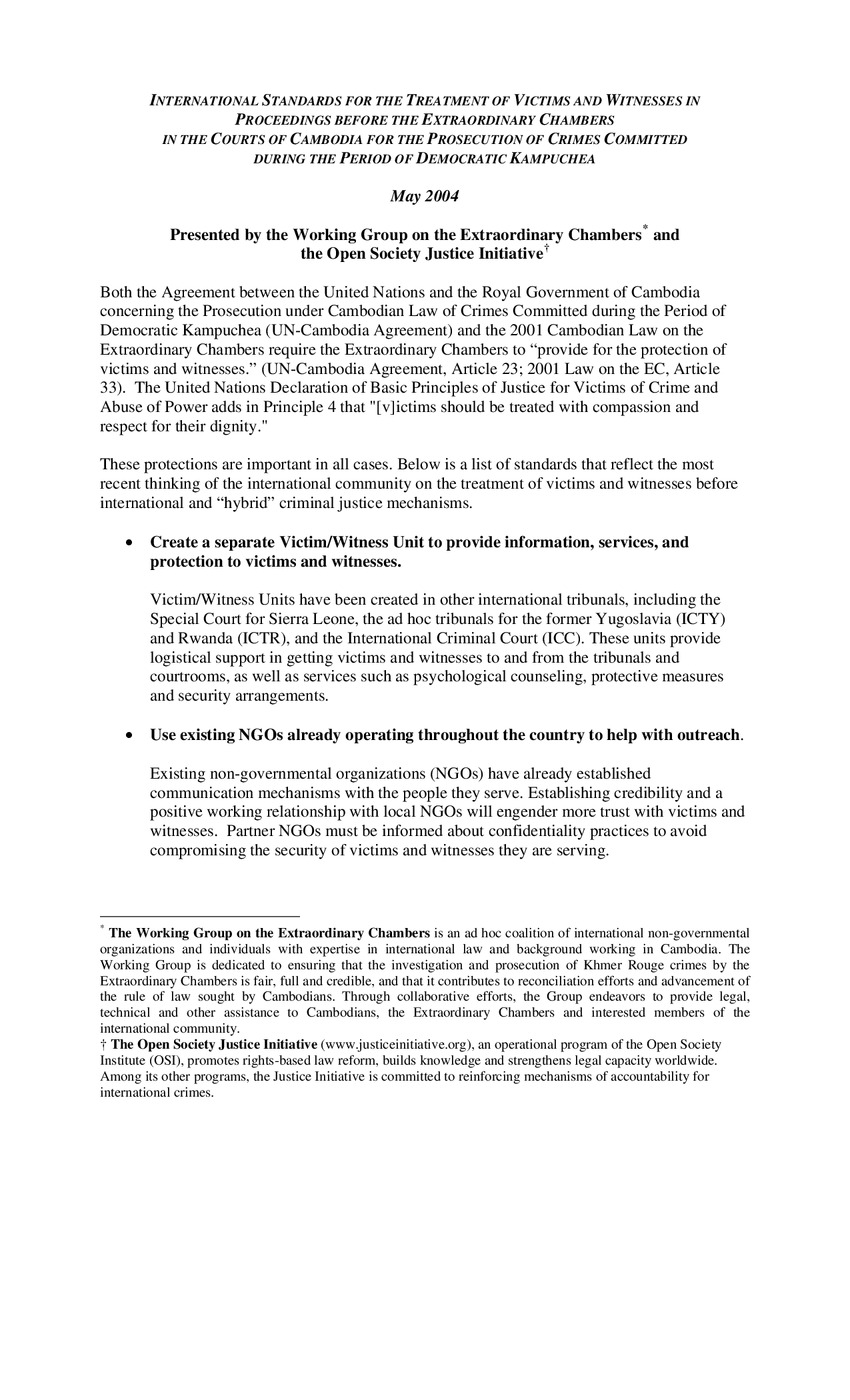 INTERNATIONAL STANDARDS FOR THE TREATMENT OF VICTIMS AND WITNESSES IN PROCEEDINGS BEFORE THE EXTRAORDINARY CHAMBERS IN THE COURTS OF CAMBODIA FOR THE PROSECUTION OF CRIMES COMMITTED DURING THE PERIOD OF DEMOCRATIC KAMPUCHEA