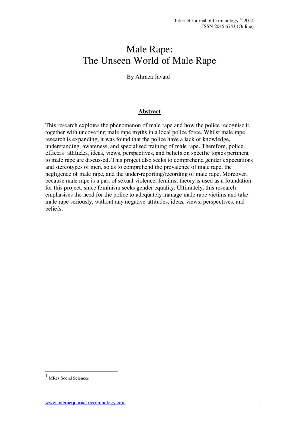 Male Rape: The Unseen World of Male Rape