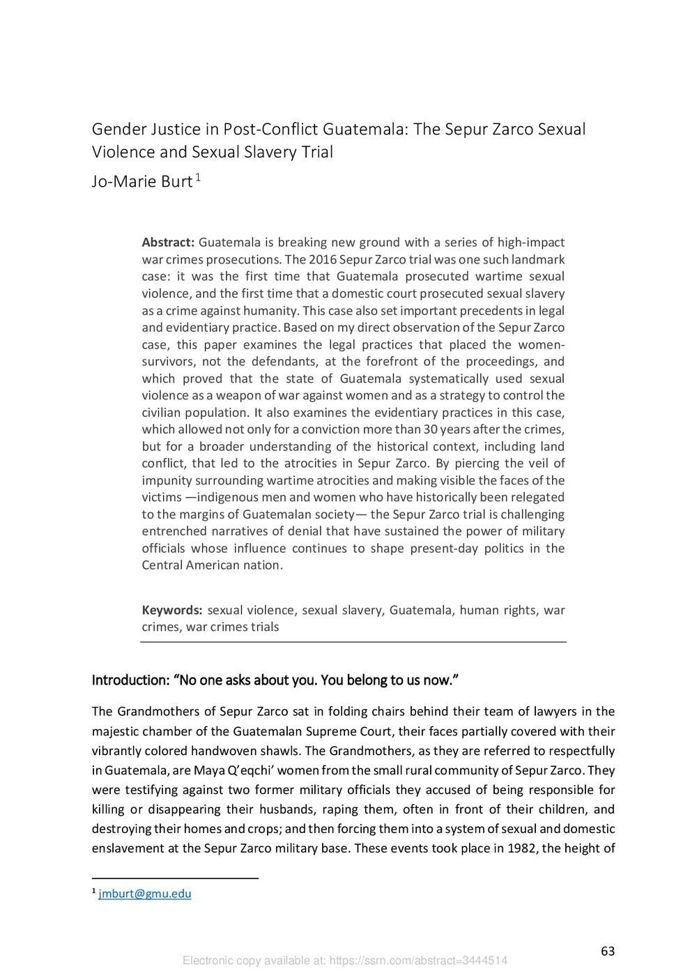 Gender Justice in Post-Conflict Guatemala: The Sepur Zarco Sexual Violence and Sexual Slavery Trial