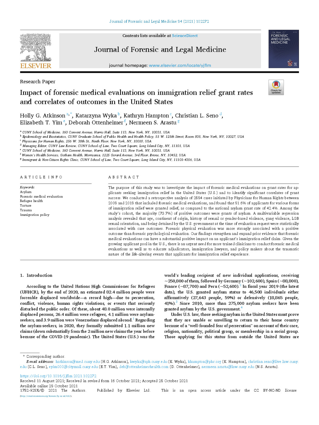 Impact of forensic medical evaluations on immigration relief grant rates and correlates of outcomes in the United States