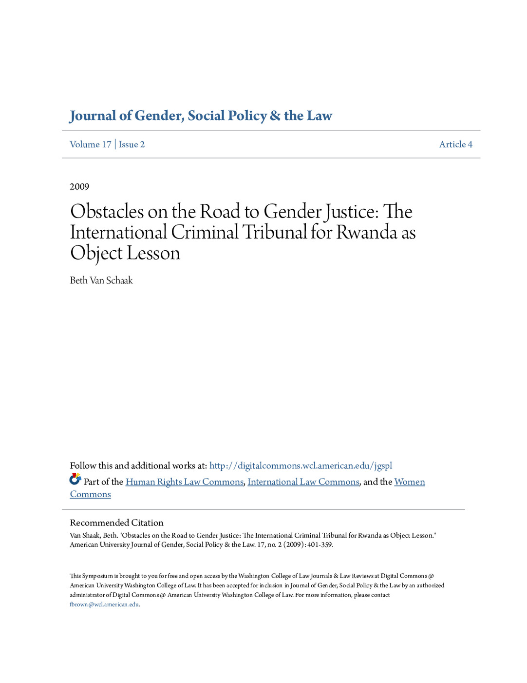 Obstacles on the Road to Gender Justice: The International Criminal Tribunal for Rwanda as Object Lesson