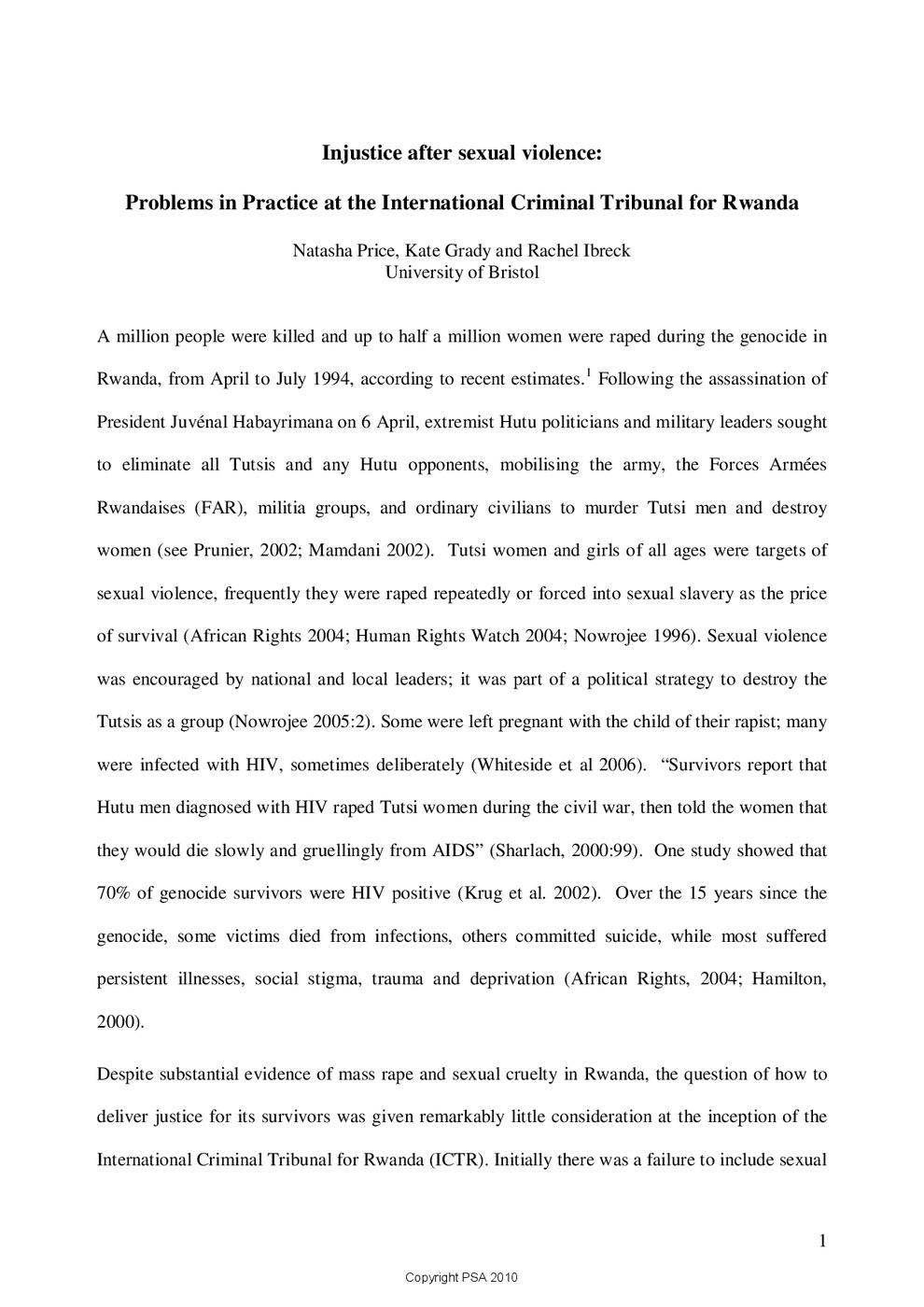 Injustice after sexual violence: Problems in Practice at the International Criminal Tribunal for Rwanda