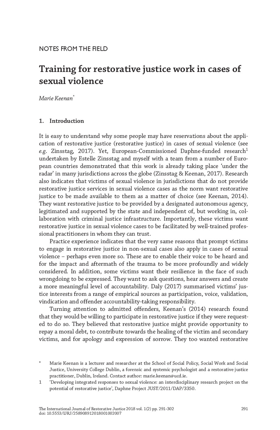 Training for Restorative Justice Work in Cases of Sexual Violence 