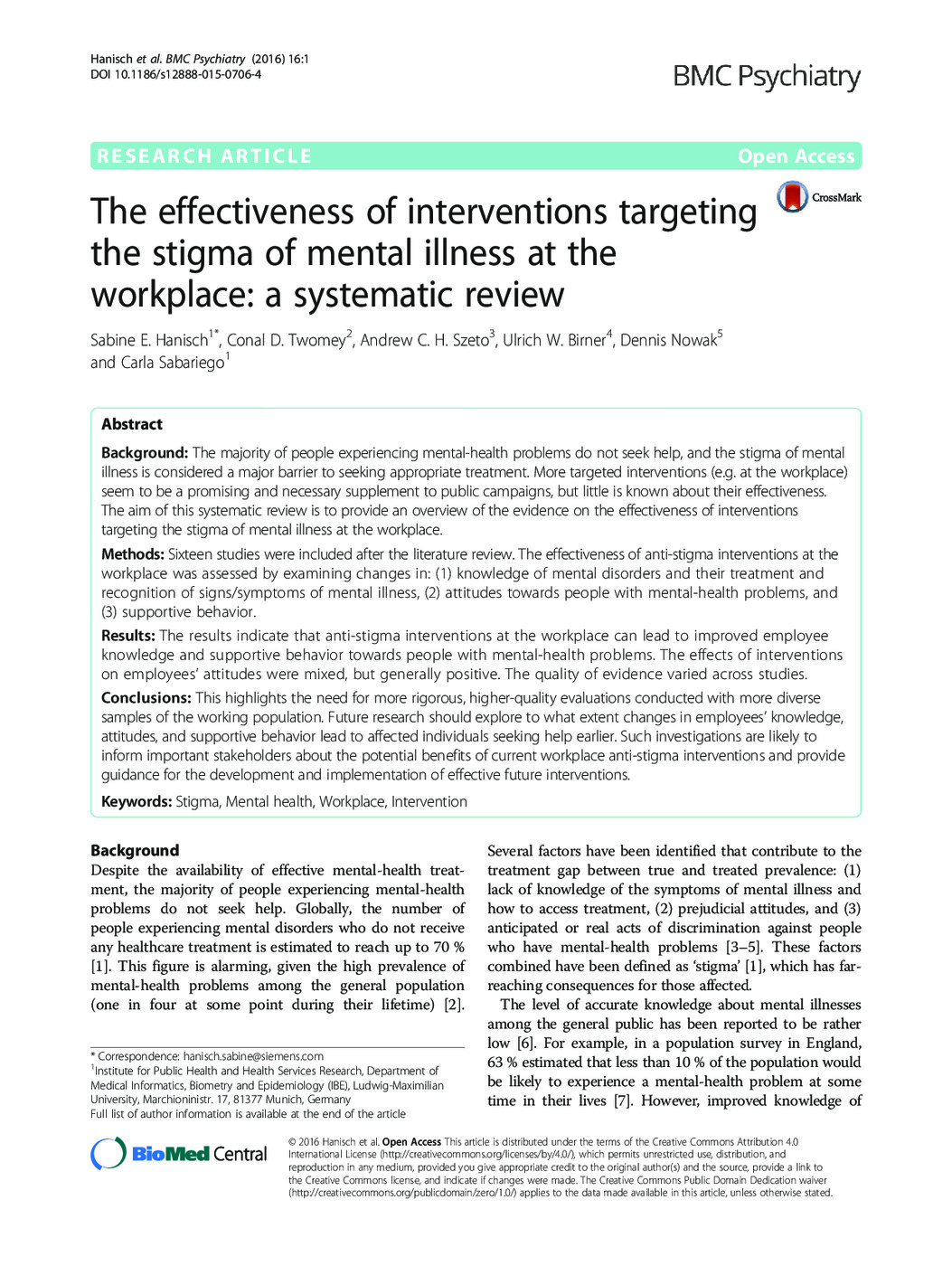 The Effectiveness of Interventions Targeting the Stigma of Mental Illness at the Workplace: a Systematic Review