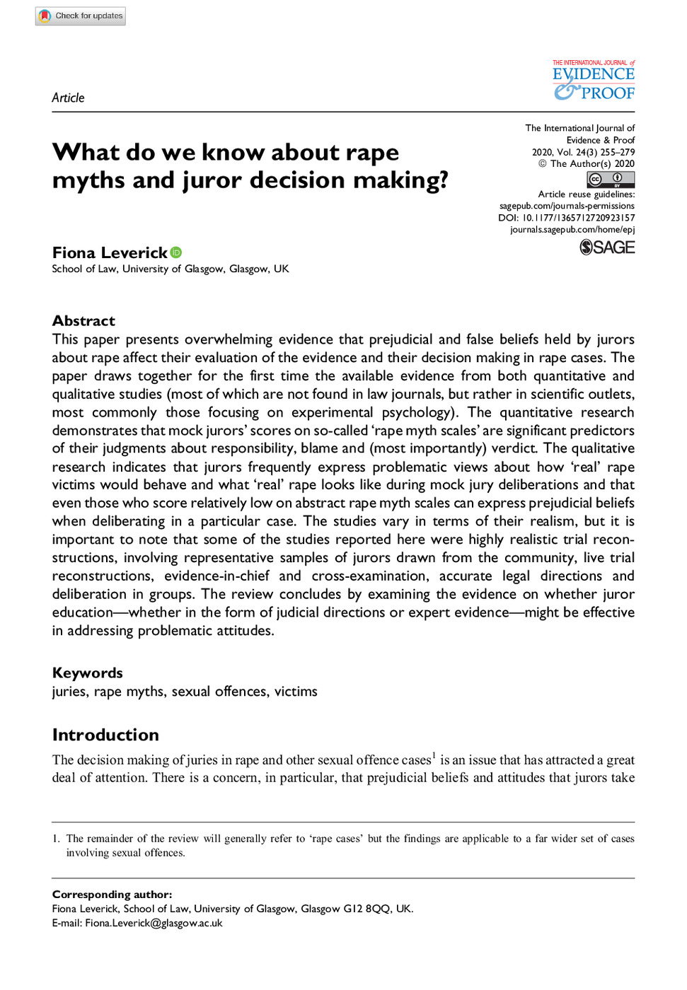 What Do We Know About Rape Myths and Juror Decision Making? 
