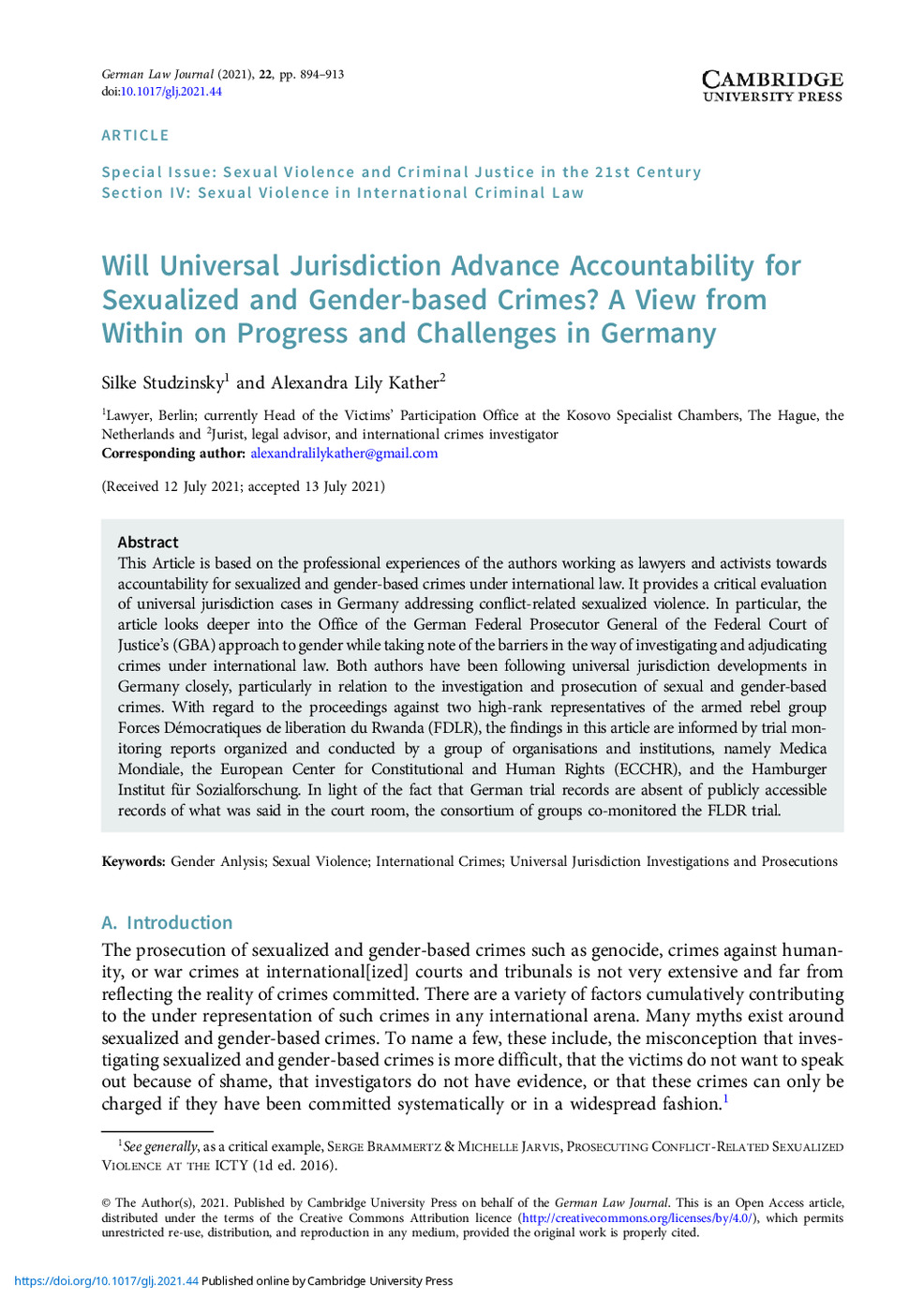 Will Universal Jurisdiction Advance Accountability for Sexualized and Gender-based Crimes? A View from Within on Progress and Challenges in Germany