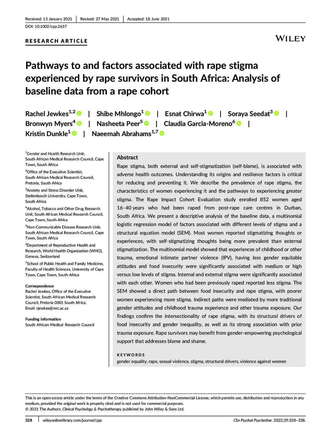 Pathways to and Factors Associated with Rape Stigma Experienced by Rape Survivors in South Africa: Analysis of Baseline Data from a Rape Cohort