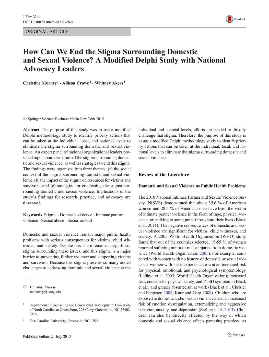 How Can We End the Stigma Surrounding Domestic and Sexual Violence? A Modified Delphi Study with National<br /><br />
Advocacy Leaders