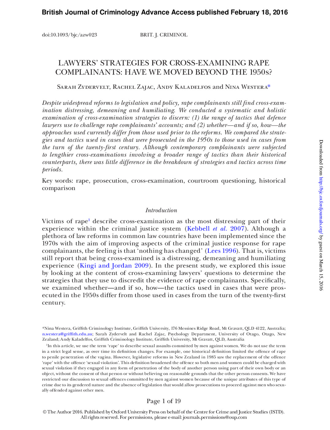 Lawyers’ Strategies for Cross-Examining Rape Complainants: Have we Moved<br /><br />
Beyond the 1950s?
