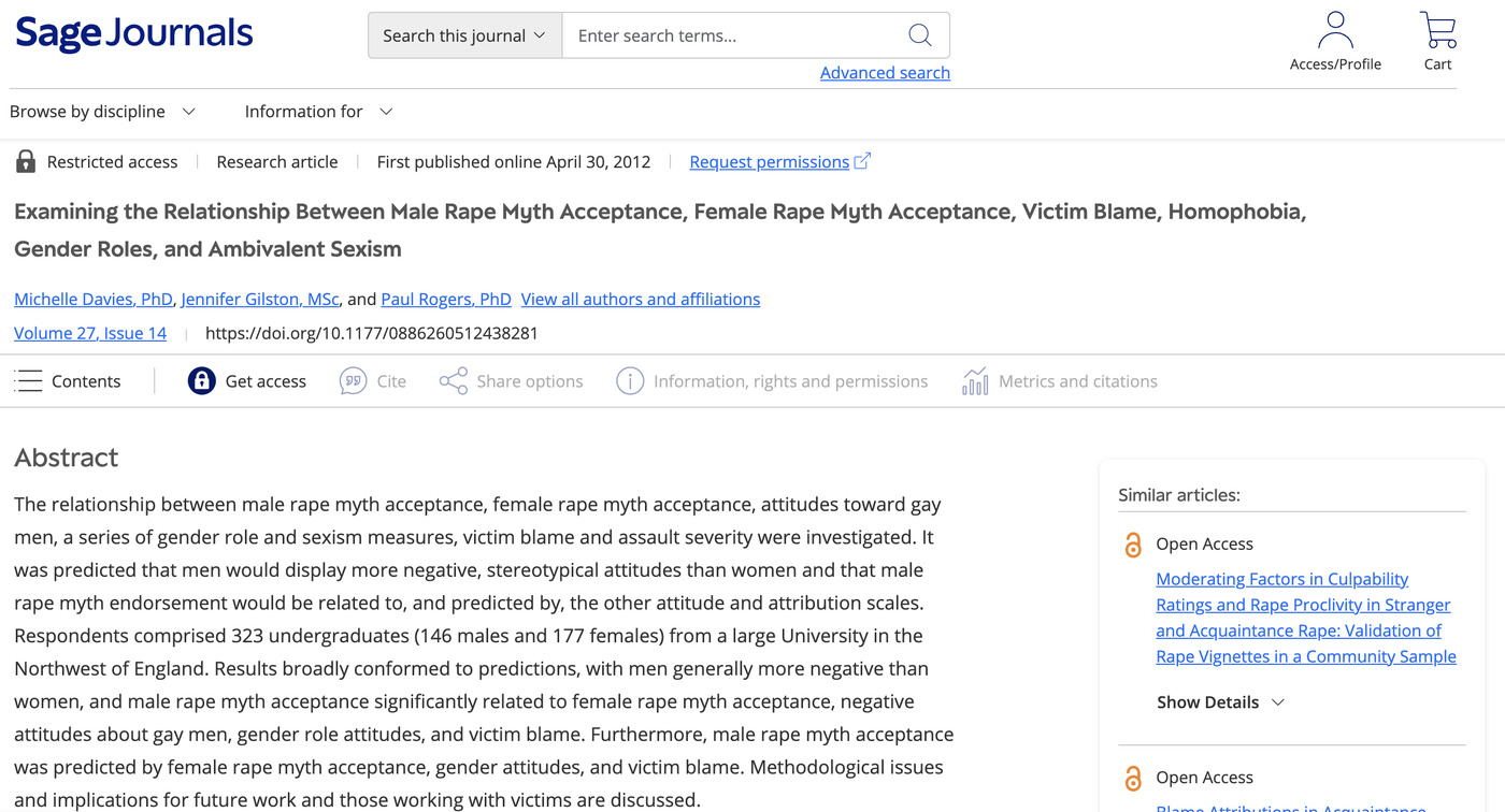 Examining the relationship between male rape myth acceptance, female rape myth acceptance, victim blame, homophobia, gender roles, and ambivalent sexism