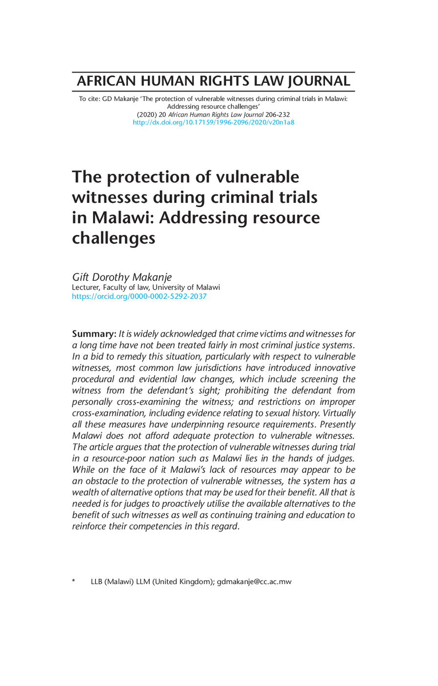 The protection of vulnerable witnesses during criminal trials in Malawi: Addressing resource challenges