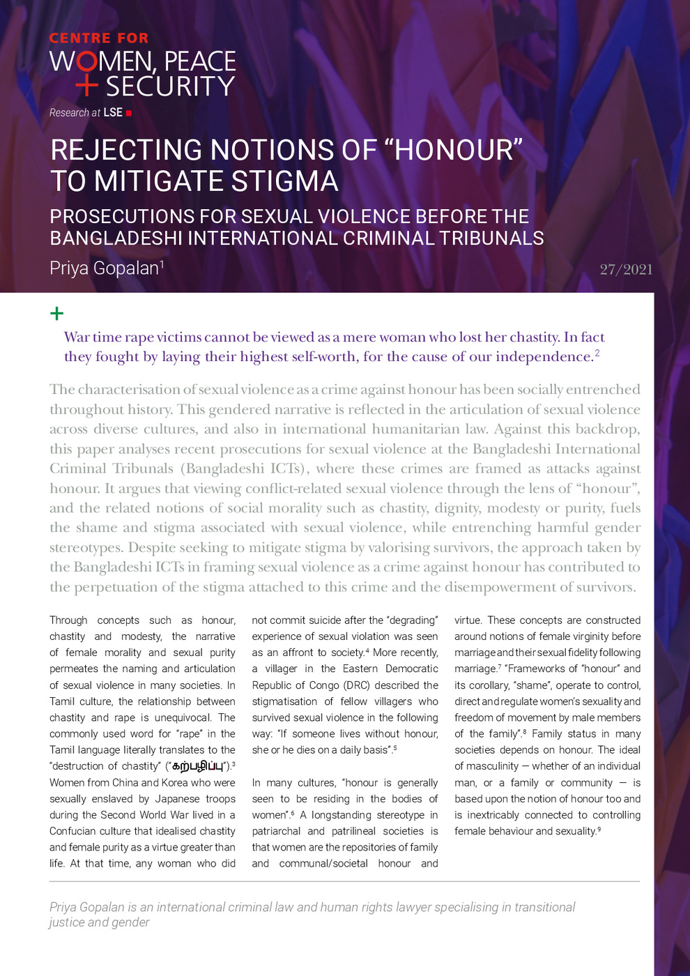 Rejecting Notions of 'Honour' to Mitigate Stigma: Prosecutions for SV Before the Bangladeshi International Criminal Tribunals