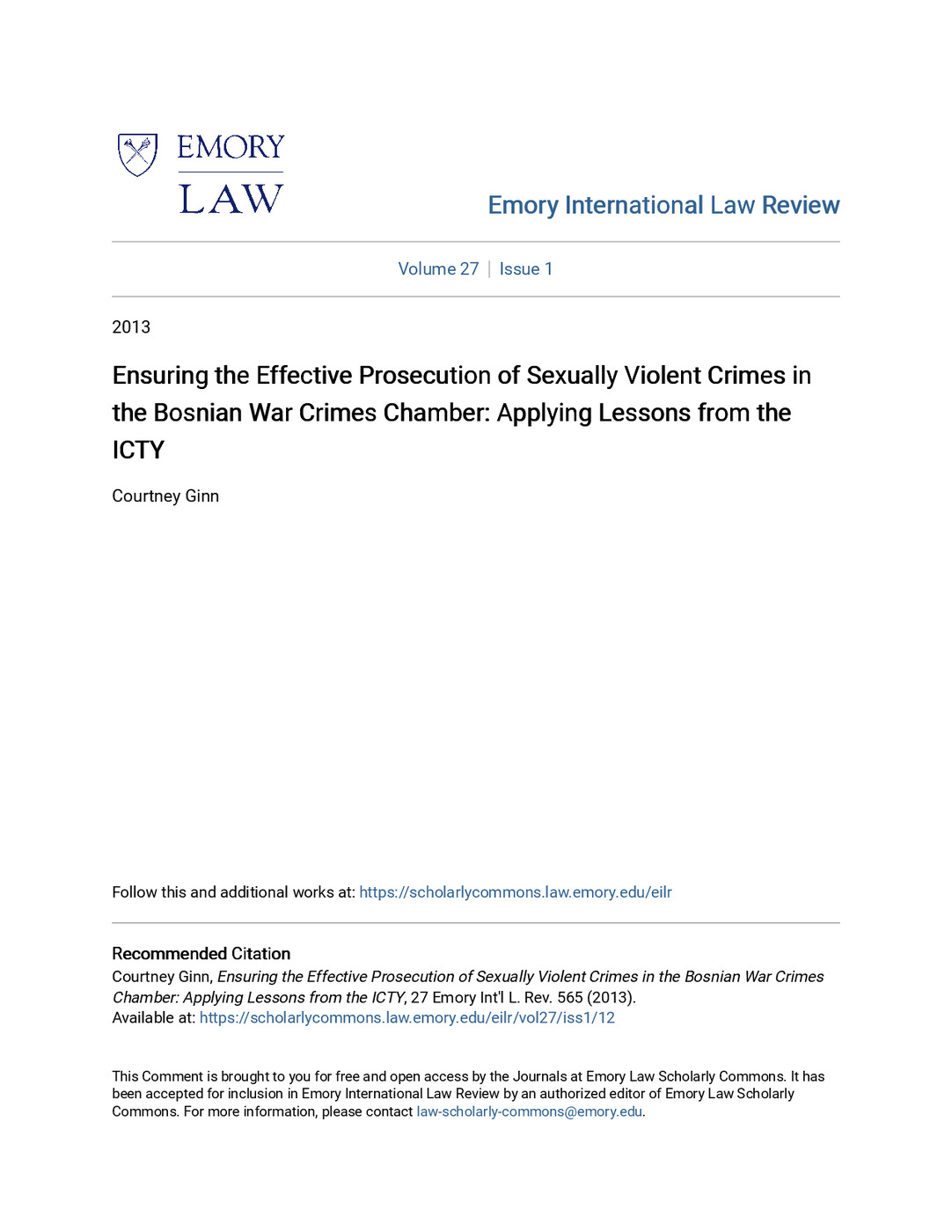 Ensuring the Effective Prosecution of Sexually Violent Crimes in the Bosnian War Crimes Chamber: Applying Lessons from the ICTY
