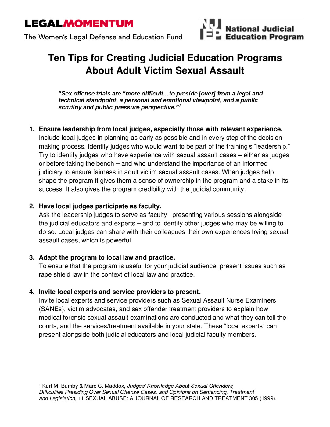 Ten Tips for Creating Judicial Education Programs About Adult Victim Sexual Assault