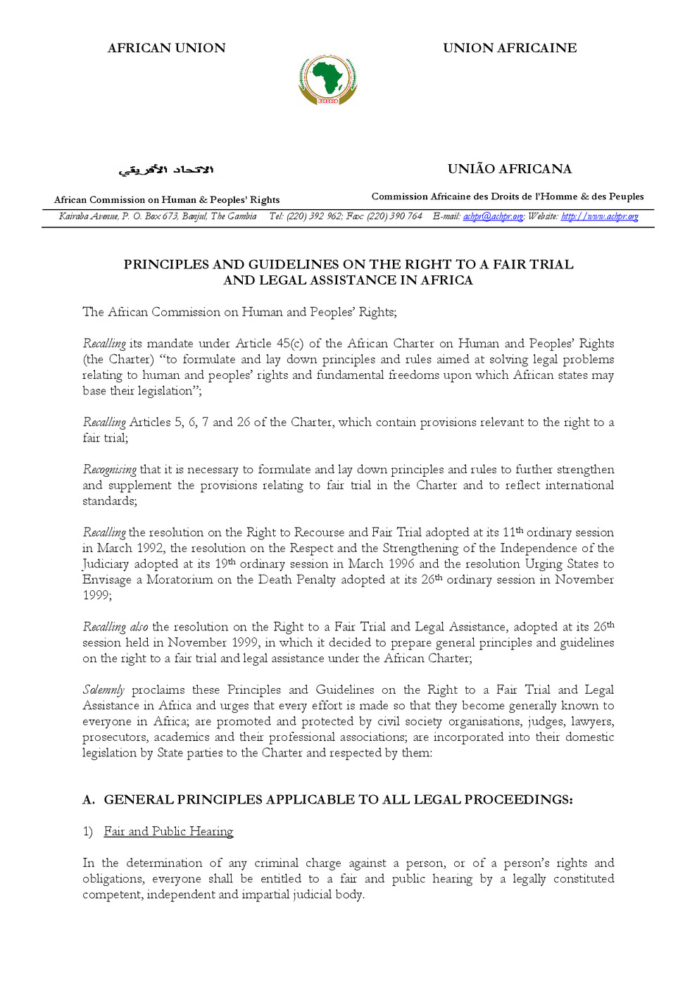 Principles and Guidelines on the Right to a Fair Trial and Legal Assistance in Africa 