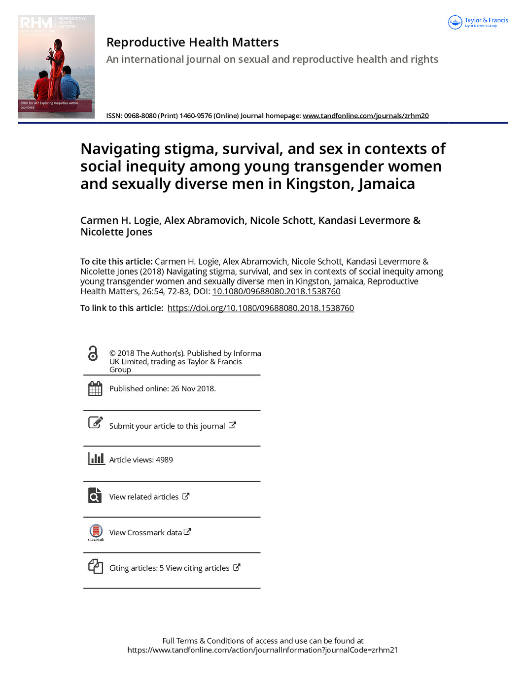 Navigating Stigma, Survival and Sex in Contexts of Social Inequity Among Young Transgender Women and Sexually Diverse Men in Kingston Jamaica