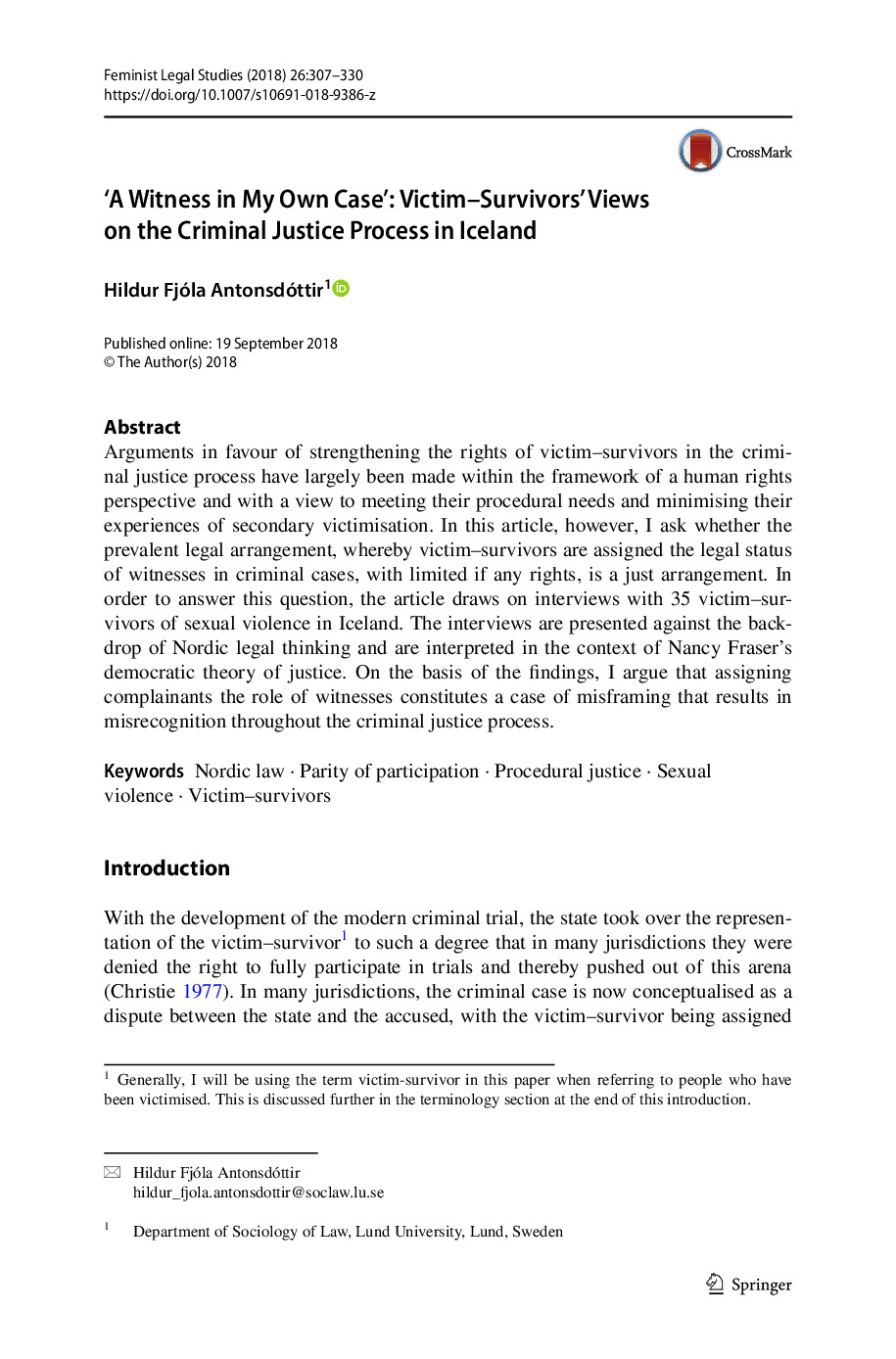 ‘A Witness in My Own Case’: Victim–Survivors’ Views on the Criminal Justice Process in Iceland