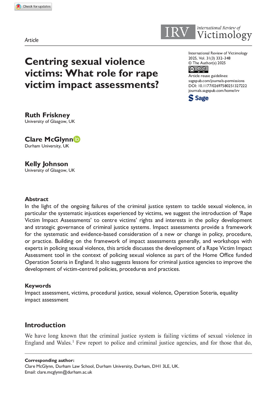 Centring sexual violence victims: What role for rape victim impact assessments?