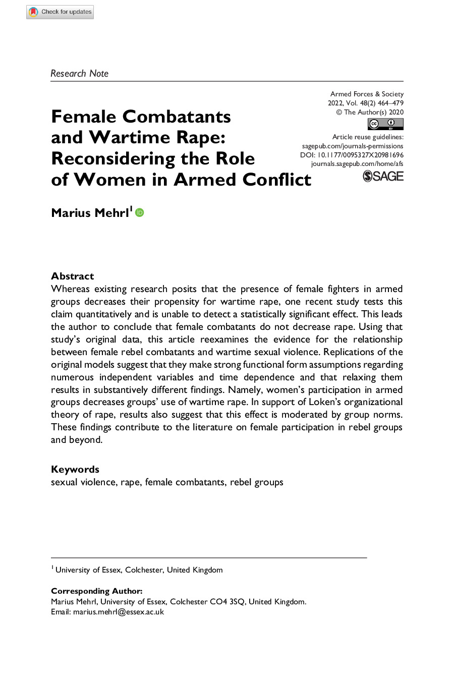 Female Combatants and Wartime Rape: Reconsidering the Role of Women in Armed Conflict