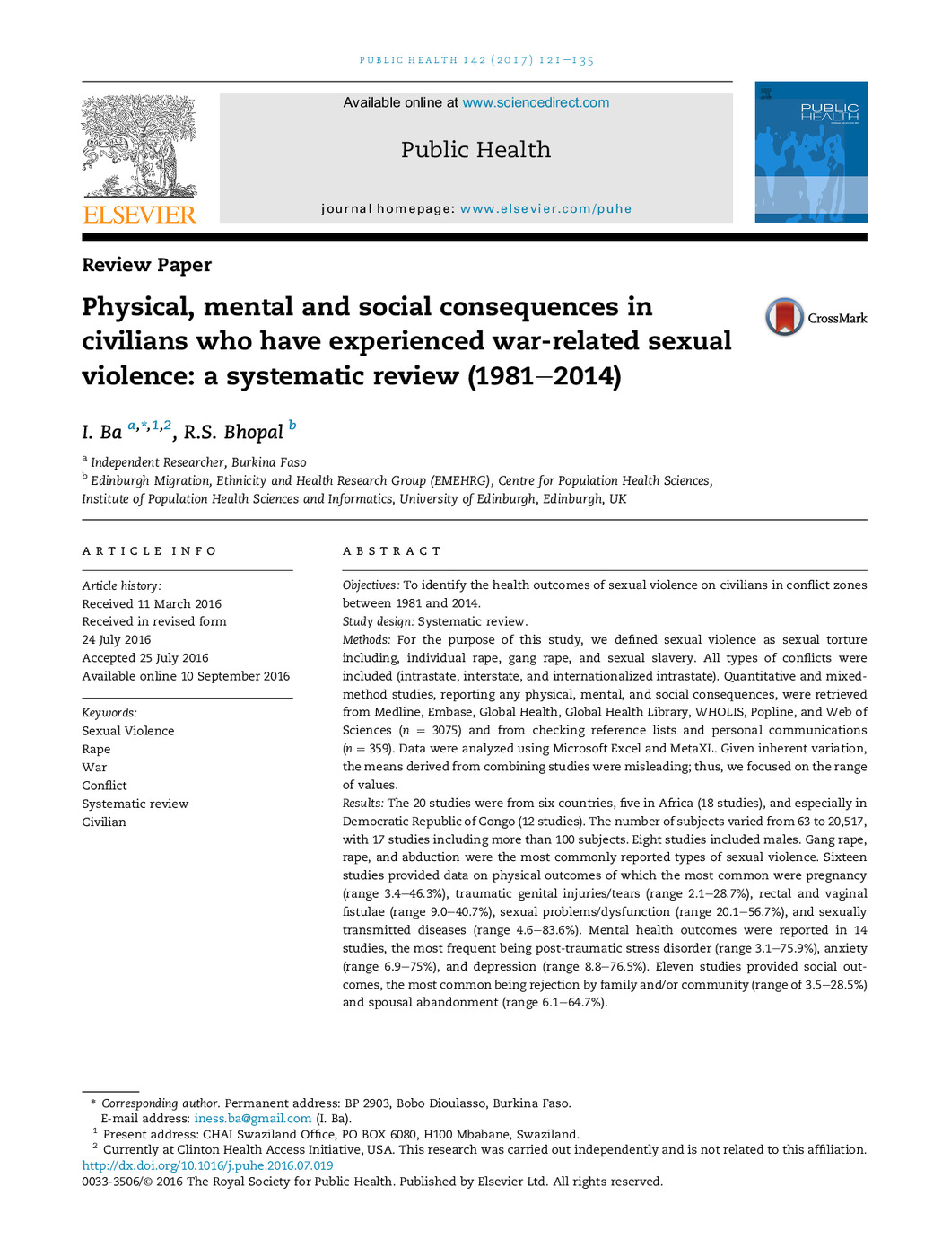 Physical, Mental and Social Consequences in Civilians who have Experienced War-Related Sexual Violence: Systematic Review (1981-2014) 