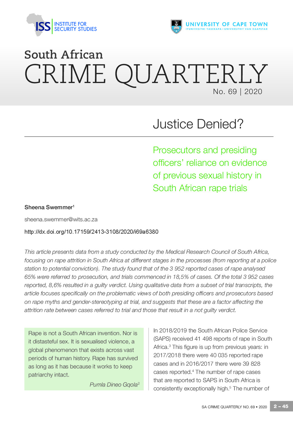 Justice Denied? Prosecutors and presiding officers’ reliance on evidence of previous sexual history in South African rape trials