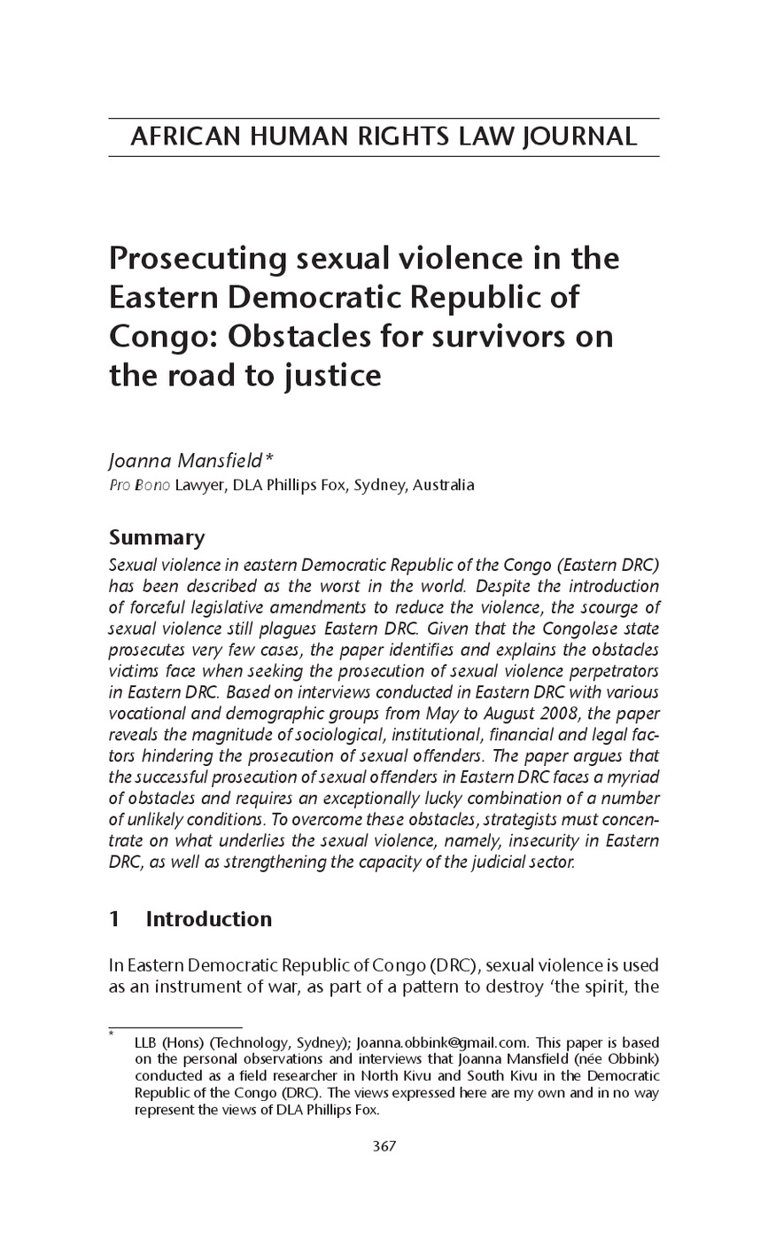 Prosecuting Sexual Violence in the Eastern Democratic Republic of Congo: Obstacles for Survivors on the Road to Justice 