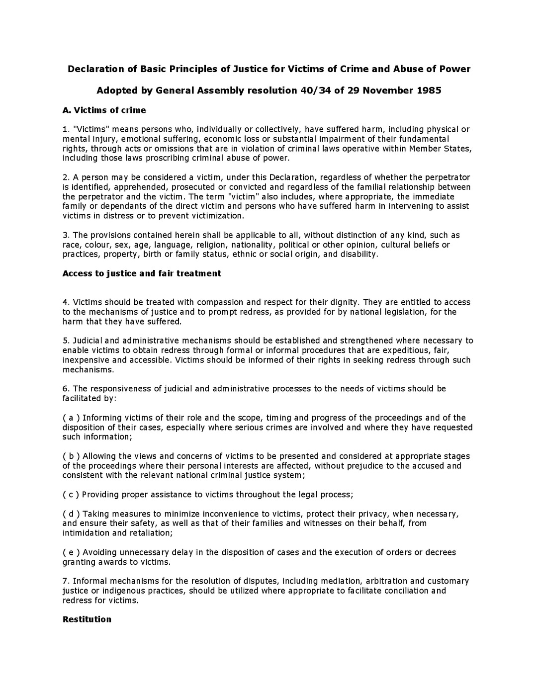 Declaration of Basic Principles of Justice for Victims of Crime and Abuse of Power