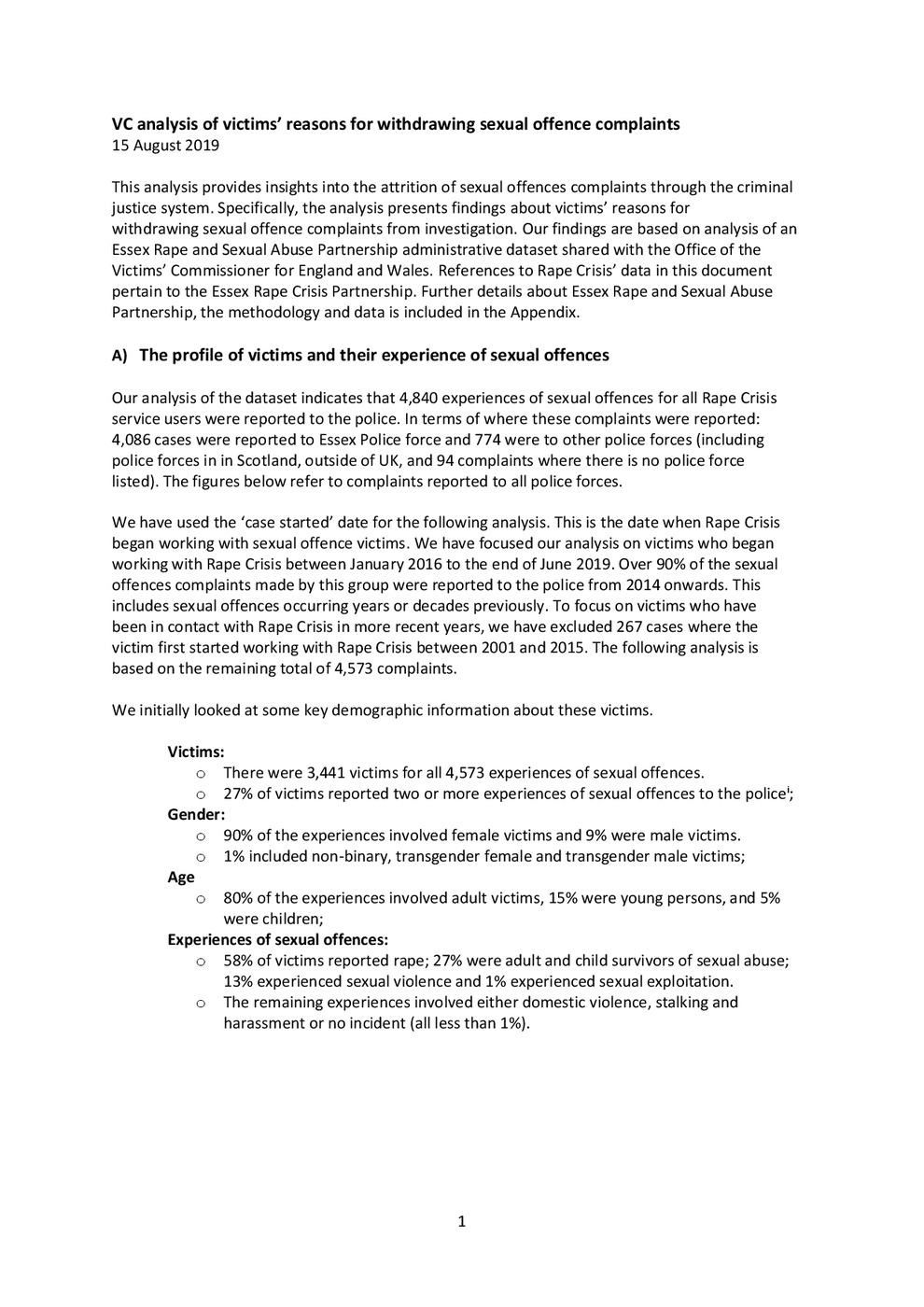 VC Analysis of Victims' Reasons for Withdrawing Sexual Offence Complaints